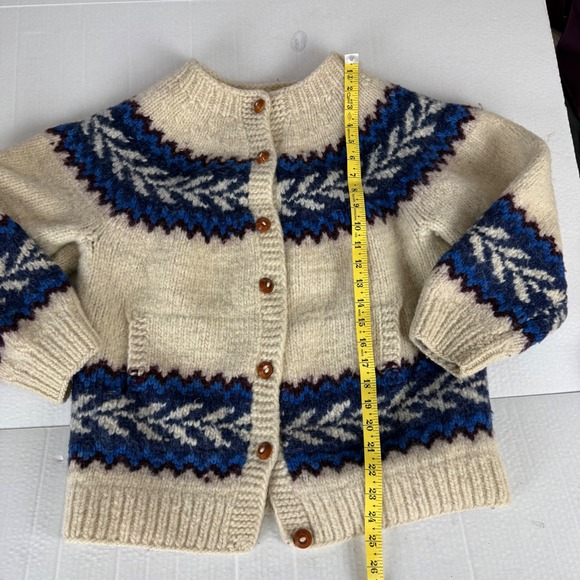 Ecuador Wool Cardigan Sweater Cream Blue Handknit Nordic Button Front Women L - Picture 5 of 7